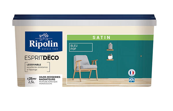 RIPOLIN - Peinture Esprit Déco - Monocouche - Bleu pop - Satin - 2,5L - large