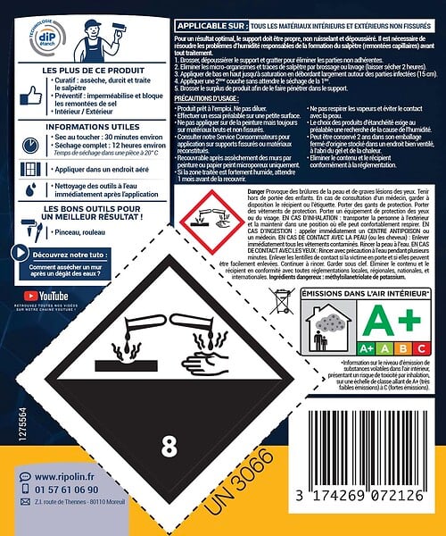 RIPOLIN - Traitement murs humides et salpêtre - Bidon 2,5L - large
