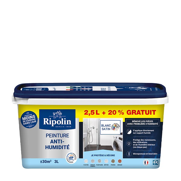 RIPOLIN - Peinture anti-humidité - Blanc - Satin - 3L - large