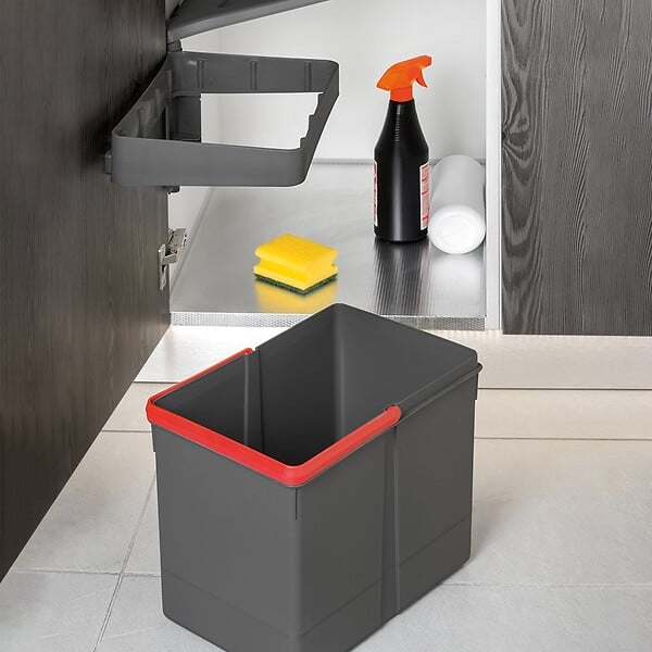 EMUCA - Bac de tri sélectif pour montage sur porte de meuble Recycle, 1 bac extractible de 15 litres, Plastique gris anthracite - large