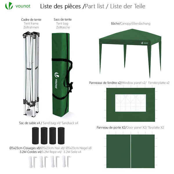 VOUNOT - Tonnelle de Jardin 3x3m Pliable avec portes et fenêtres Vert - large