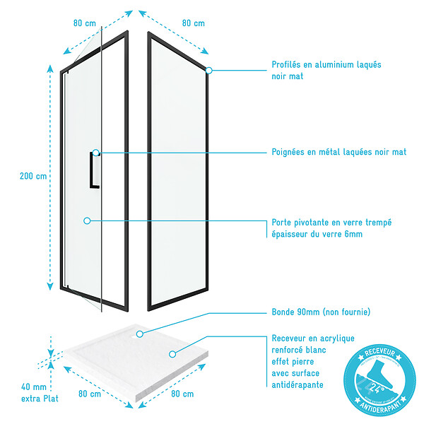 AURLANE - Porte de douche Pivotante et retour profilés noir + receveur a poser - 80x80x204cm - CRUSH PIVOTANTE - large