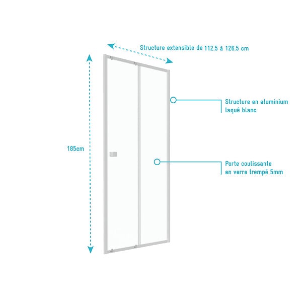 AURLANE - Porte de douche coulissante blanc 120x185cm - extensible - WHITY slide 120 - large