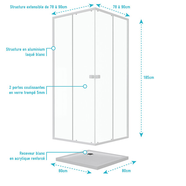 AURLANE - Pack porte de douche coulissante blanc de 78 à 90x185cm + receveur 80x80 - WHITY SLIDE - large