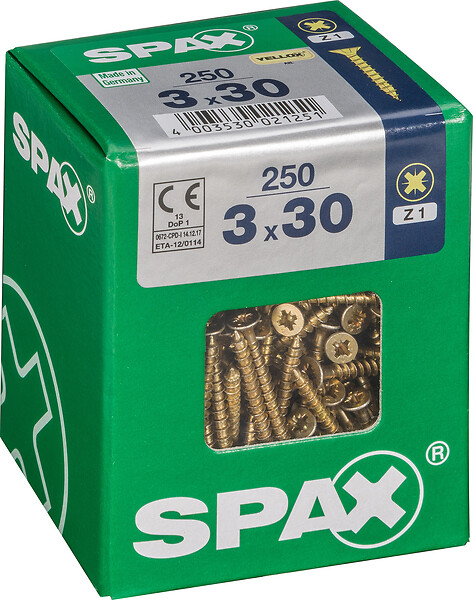 SPAXFRANCE - Vis universelle en acier Yellox - 250 pièces - Diam.3xH.30mm - large