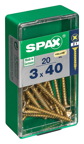 SPAXFRANCE - Vis à bois Yellox - Tête fraisée PZ - Jaune - 20 pièces - Diam.3xH.40mm - large