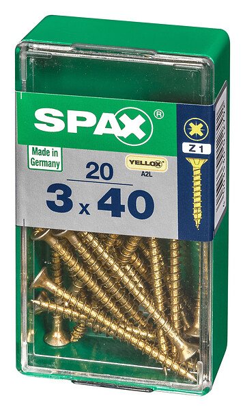 SPAXFRANCE - Vis à bois Yellox - Tête fraisée PZ - Jaune - 20 pièces - Diam.3xH.40mm - large