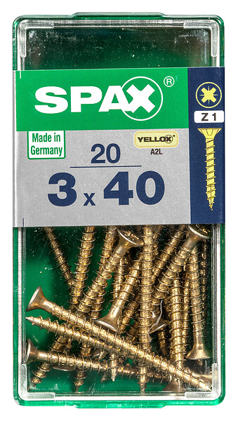 SPAXFRANCE - Vis à bois Yellox - Tête fraisée PZ - Jaune - 20 pièces - Diam.3xH.40mm - large