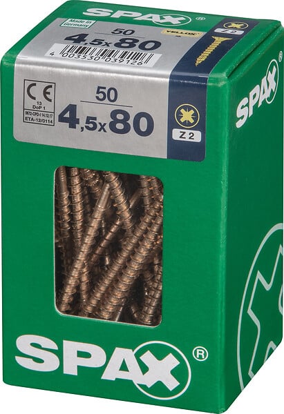 SPAXFRANCE - Vis universelle - Tête fraisée - Jaune - 50 pièces - Diam.4,5xH.80mm - large