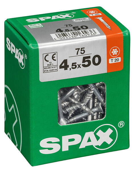 SPAXFRANCE - Vis à bois en acier - Tête fraisée Torx T20 - 75 pièces - Diam.4,5xH.50mm - large