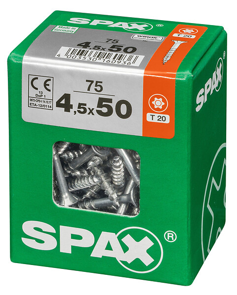 SPAXFRANCE - Vis à bois en acier - Tête fraisée Torx T20 - 75 pièces - Diam.4,5xH.50mm - large