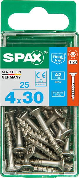 SPAXFRANCE - Vis à bois en inox - Tête fraisée - 25 pièces - Diam.4xH.30mm - large