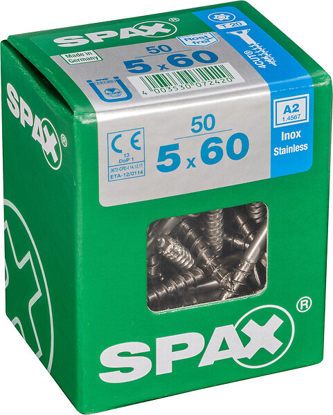 SPAXFRANCE - Vis universelle en inox A2 - Tête fraisée - 50 pièces - Diam.5xH.60mm - large