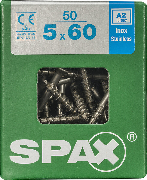 SPAXFRANCE - Vis universelle en inox A2 - Tête fraisée - 50 pièces - Diam.5xH.60mm - large