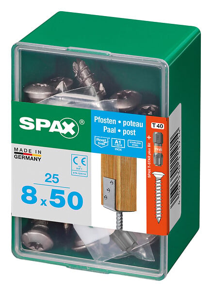 SPAXFRANCE - Vis poteau en inox - 25 pièces - Diam.8xH.50mm - large