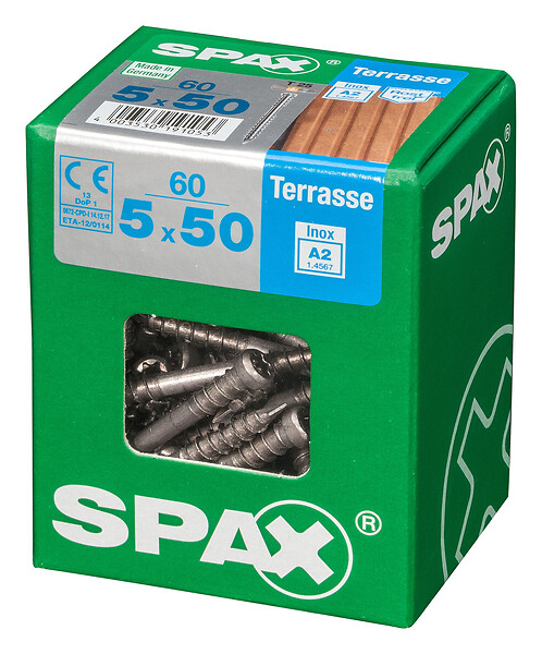 SPAXFRANCE - Vis pour terrasse en inox A2 - 60 pièces - Diam.5xH.50mm - large