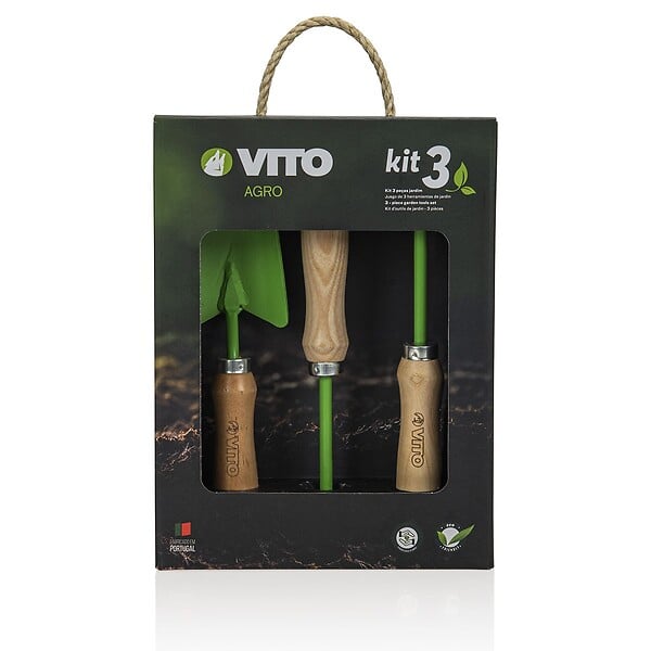 VITO - Kit 3 outils de jardin VITO Acier et manche bois de hêtre Transplantoir + Serfouette + Rateau 5 dents - large