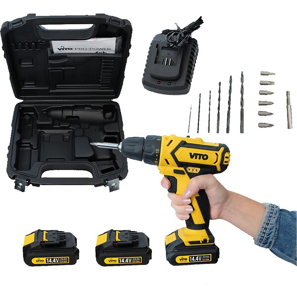 VITO - Perceuse visseuse 14.4V + 3 Batteries lithium 2,0Ah + Chargeur rapide VITO - large