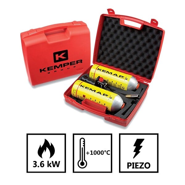 KEMPER - Kit Chalumeau à Gaz 2 Bouteilles Propane KEMAP PRO 750ml 2400°C, Soudobrasage, Plomberie, Mallette de Transport KEMPER - large