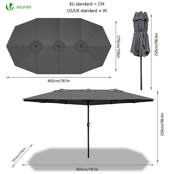 VOUNOT - Parasol Jardin Double Aluminium 270 x 460 cm gris - large