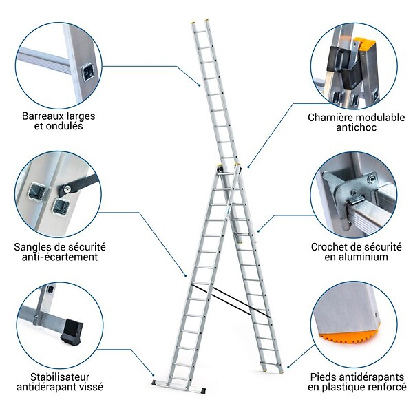 HOSTRÃ–M - Echelle transformable 3 plans StablePro 3x14 marches aluminium extensible coulissante, 6 positions, hauteur travail max 9,62m, garantie 5 ans, Hostrom - large