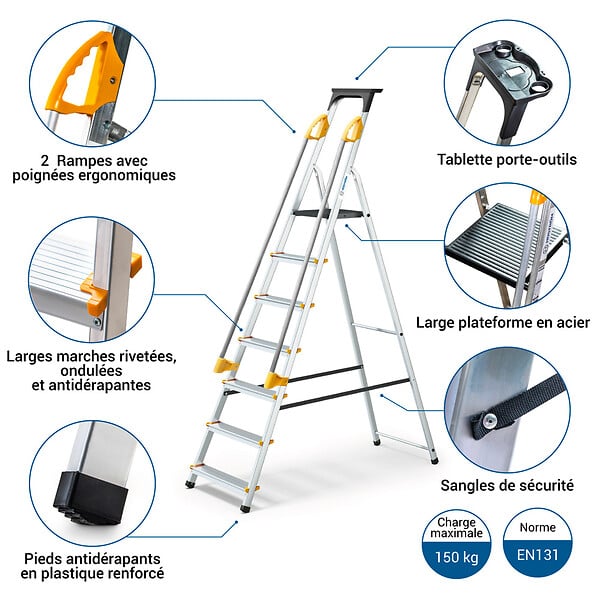HOSTRÃ–M - Escabeau 7 marches DURAMP sécurisé avec rampes, tablette porte-outils, marchepied pliable aluminium, hauteur plateforme 140cm, garantie 5 ans Hoström - large