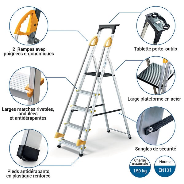 HOSTRÃ–M - Escabeau 5 marches DURAMP sécurisé avec rampes, tablette porte-outils, marchepied pliable aluminium, hauteur plateforme 97cm, garantie 5 ans Hoström - large