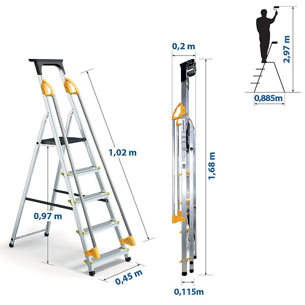 HOSTRÃ–M - Escabeau 5 marches DURAMP sécurisé avec rampes, tablette porte-outils, marchepied pliable aluminium, hauteur plateforme 97cm, garantie 5 ans Hoström - large