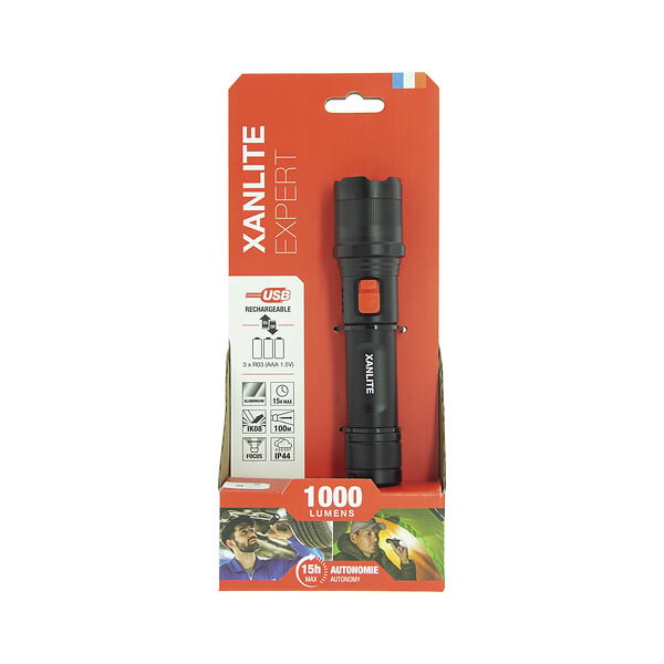XANLITE - Torche LED rechargeable - Aluminium - Noir - 1000 lumens - large
