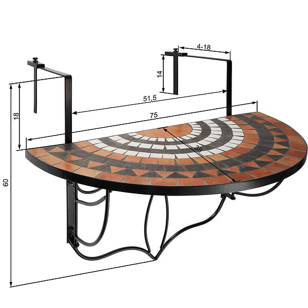 TECTAKE - Table de balcon rabattable 75 x 65 x 62 cm terracotta/blanc - large