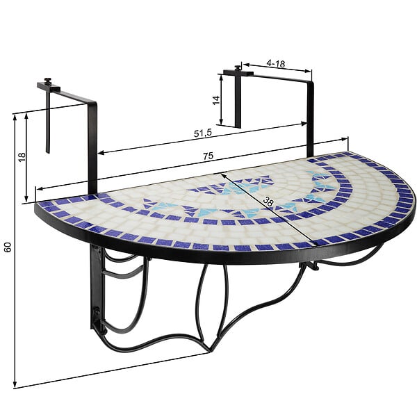 TECTAKE - Table de balcon rabattable 75 x 65 x 62 cm blanc/bleu - large