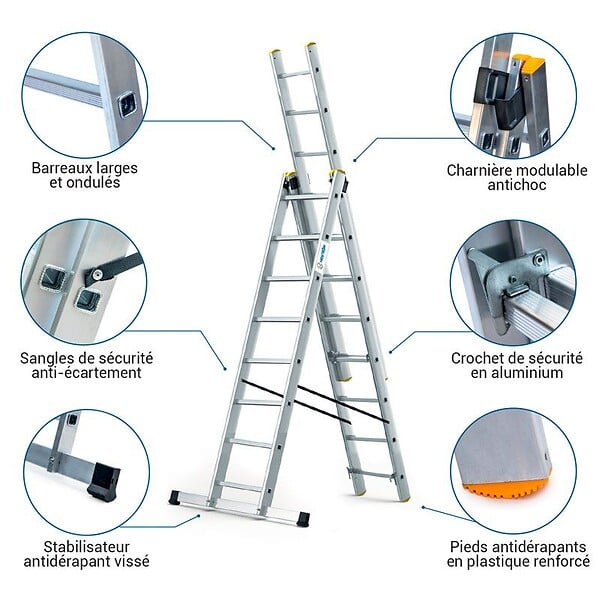 HOSTRÃ–M - Echelle transformable 3 plans StablePro 3x8 marches aluminium extensible coulissante, 6 positions, hauteur travail max 5,05m, garantie 5 ans, Hostrom - large