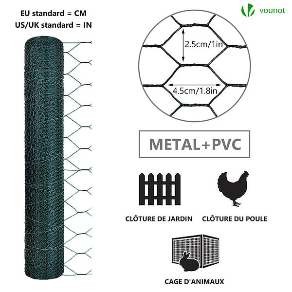 VOUNOT - Grillage a poule avec fils 25mm en PVC gaine vert 1x50M - large