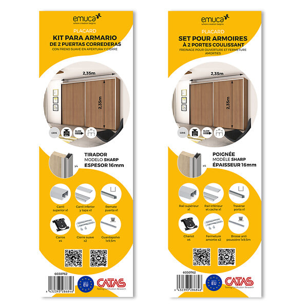 EMUCA - Kit de quincaillerie pour Placard 81 2-coulissants et fermeture souple, profil aigu, épaisseur 16mm, panneaux non inclus, Anodisé mat - large
