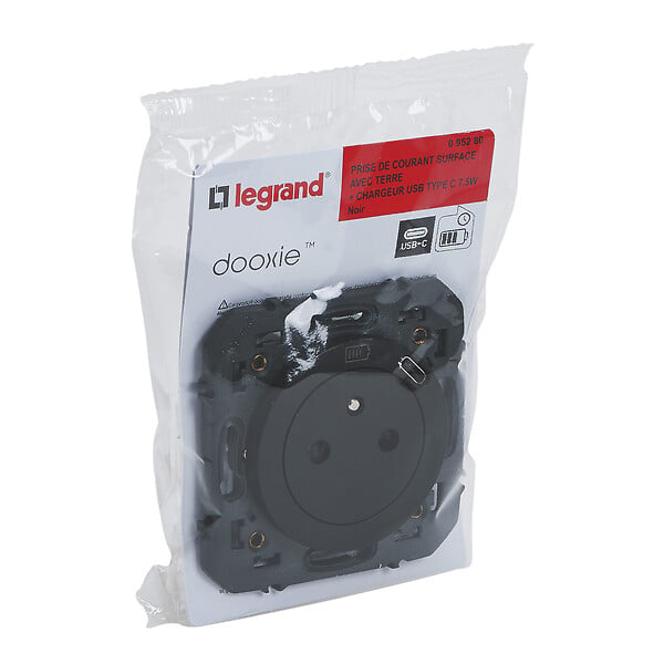 LEGRAND - Prise de courant surface 2P+T - Dooxie - Noir - Chargeur USB-C - large