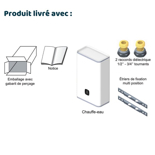 THERMOR - Chauffe-eau électrique Malicio 3 connecté Thermor - 2250W - Plat Multiposition - 40L - 1 personne - Blanc - large