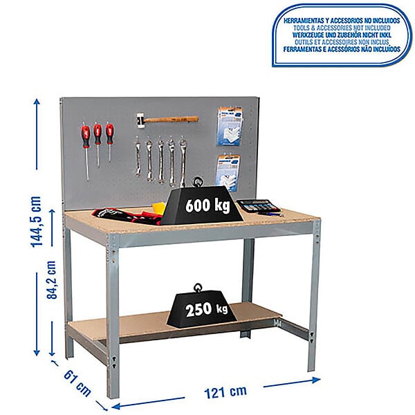 SIMON RACK - établi d'atelier métallique complet SimonRack Simonwork BT2 1200 gris/bois 1445x1210x600mm, panneau perforé et étagère, capacité de charge 600kg Simon Rack - large