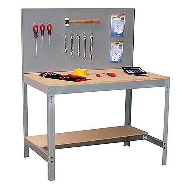 SIMON RACK - établi d'atelier métallique complet SimonRack Simonwork BT2 1200 gris/bois 1445x1210x600mm, panneau perforé et étagère, capacité de charge 600kg Simon Rack - large