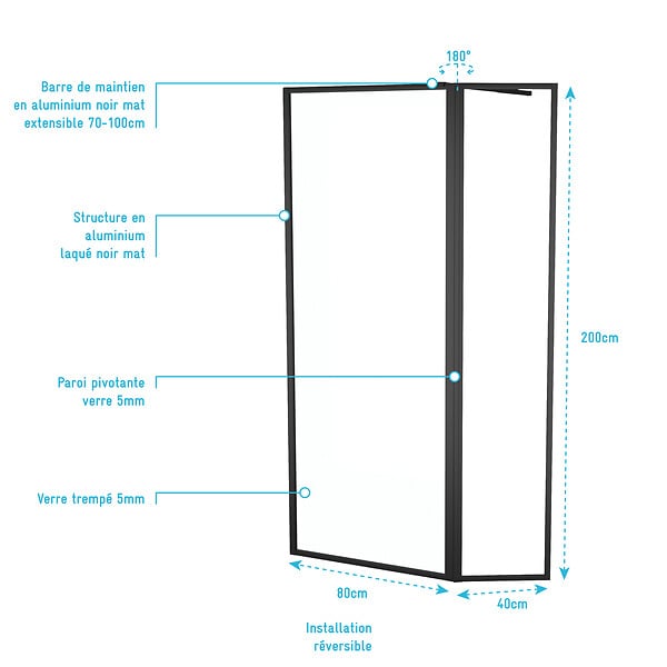 AURLANE - Paroi de Douche avec Volet Pivotant - Cadre et Bras Alu. NOIR MAT - 80+40x200cm - DARK CONTOURING - large