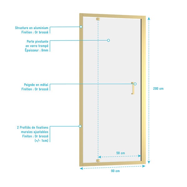 AURLANE - Porte de douche Pivotante 90x200cm - Profilés Or Doré Brossé - Verre Trempé 6mm - GOLDY CRUSH - large