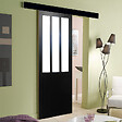 GD MENUISERIES - Porte Coulissante Atelier Noir Vitrée H204 x L83 cm, Rail alu Bandeau Noir - vignette
