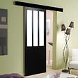GD MENUISERIES - Porte Coulissante Atelier Noir Vitrée H204 x L73 cm, Rail alu Bandeau Noir - vignette