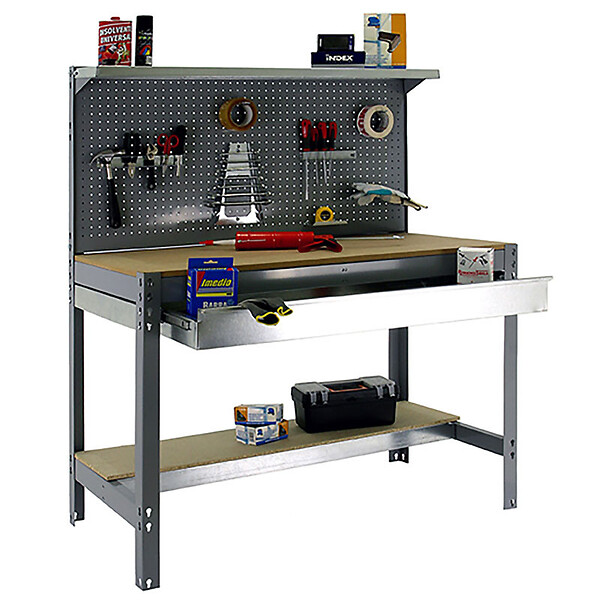 SIMON RACK - établi d'atelier métallique complet SimonRack Simonwork BT3 BOX 1500 gris/bois 1445x1510x610mm, panneau perforé, étagères, large tiroir, charge 600kg SIMONRACK - large