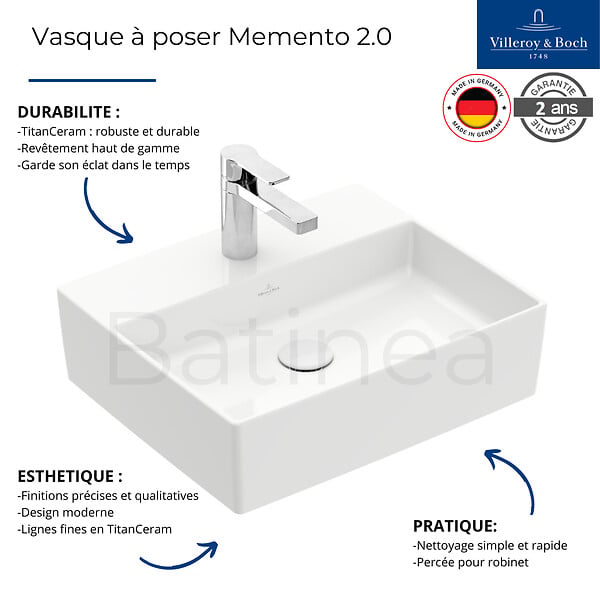 VILLEROY & BOCH - Memento 2.0 Vasque à poser rectangulaire, 60 x 42 x 14 cm, avec trop-plein, non meulé, blanc (4A076001) - large
