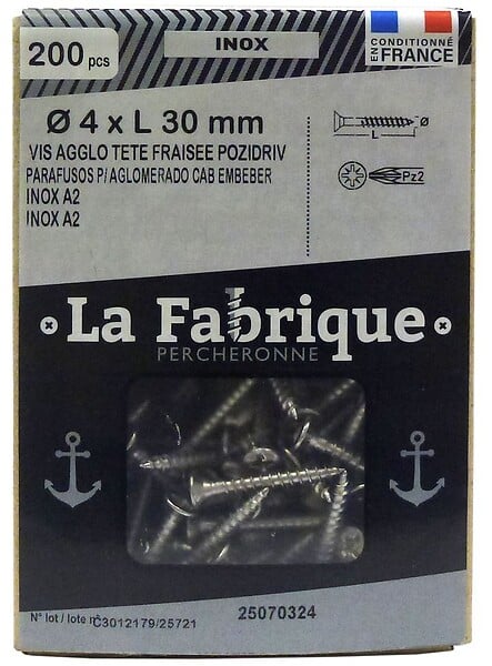 Vis agglo tête fraisée pozidriv 4x30 inoxa2 x200 - large