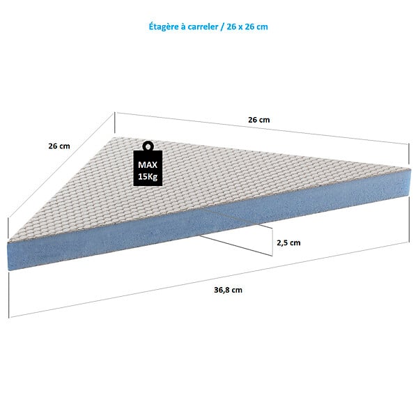 U-TILE - Etagère d'angle à carreler 24 x 24 cm x 2,5 cm d'épaisseur (livré avec kit de fixation) - large