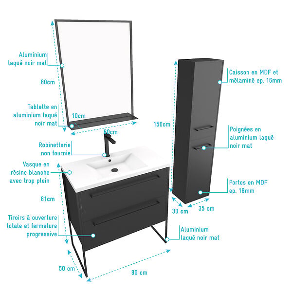 AURLANE - Pack meuble de salle de bain 80x50 cm Noir - 2 tiroirs - vasque blanche - miroir - colonne suspendu - large