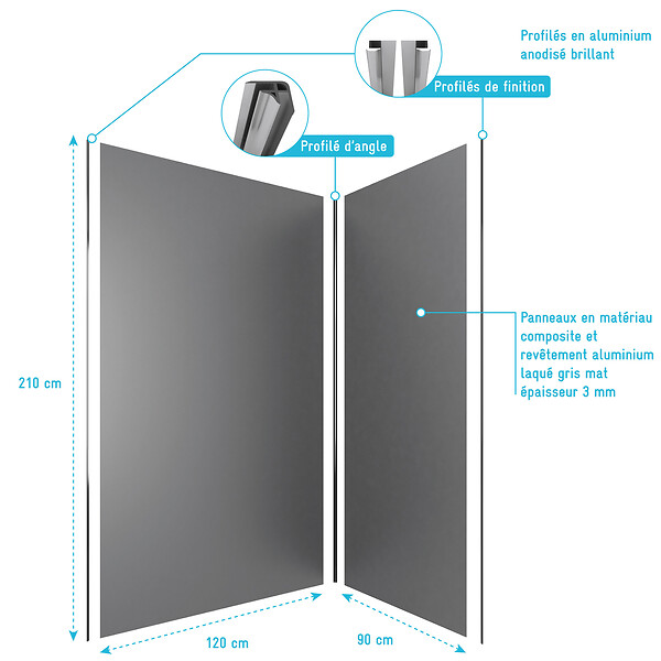AURLANE - LOT de 2 Panneaux Muraux Aluminium GRIS 90+120x210 cm avec Profilés ANODISE BRILLANT - WALL'IT - large