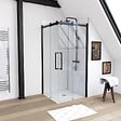 AURLANE - Porte de douche coulissante type industriel ouverture d'angle profiles noir mat - verre trempe 8mm - vignette