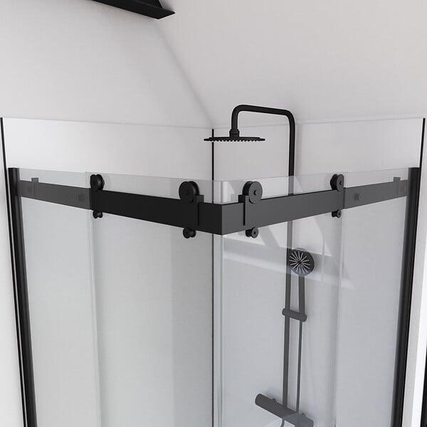 AURLANE - Porte de douche coulissante type industriel ouverture d'angle profiles noir mat - verre trempe 8mm - large